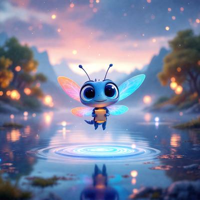The primary subject of the image is a blue butterfly flying over a body of water. The setting is a serene, nighttime scene with a mountain in the background. The visual style is a digital art or illustration, creating a whimsical and dreamy atmosphere. The colors are predominantly blue and purple, with the blue butterfly being the main focal point.